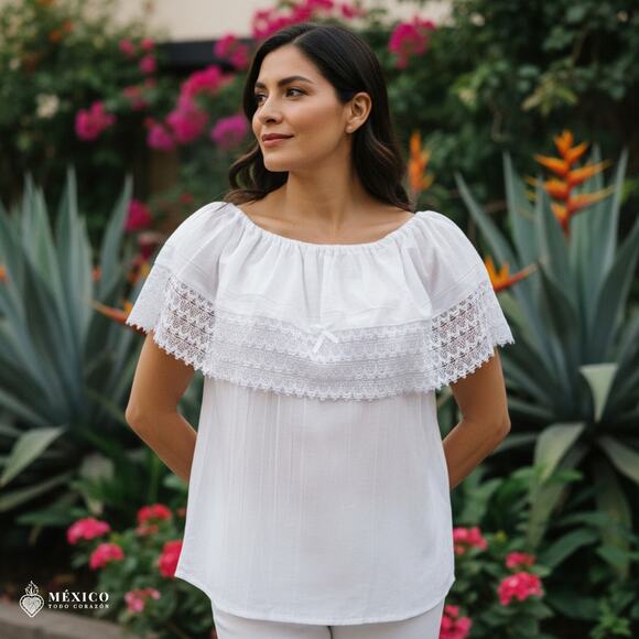 White Mexican Blouse with Lace Trim – Lightweight Chiffon-Style Top for Women - Picture 2 of 4